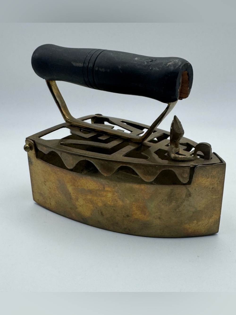 Vintage Brass Sad Iron Charcoal Iron with Wood Handle Primitive Farmhouse Decor